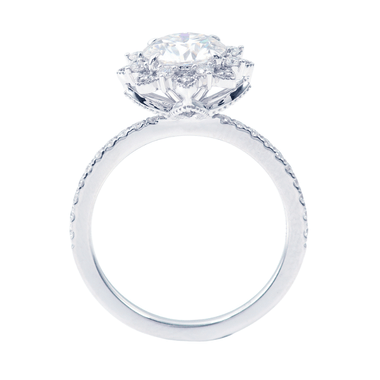 Round Brilliant Cut Moissanite Halo Flower Design Pavé White Gold Ring