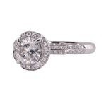 Round Brilliant Cut Diamond with Halo and Hidden Halo, Pave Band White Gold Ring