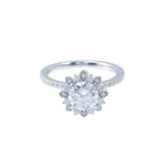 Round Brilliant Cut Moissanite Halo Flower Design Pavé White Gold Ring