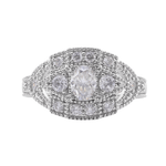 Oval Cut Moissanite with Round Side Stones Milgrain White Gold Ring