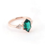 Hexagon Green Emerald with White Moissanite Side Stones Yellow Gold Ring