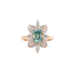 Radiant Cut Blue-Green Moissanite with Marquise and Round Side Stones Yellow Gold Ring
