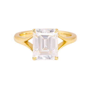 Emerald Cut Moissanite Split Shank Band Yellow Gold Solitaire Ring